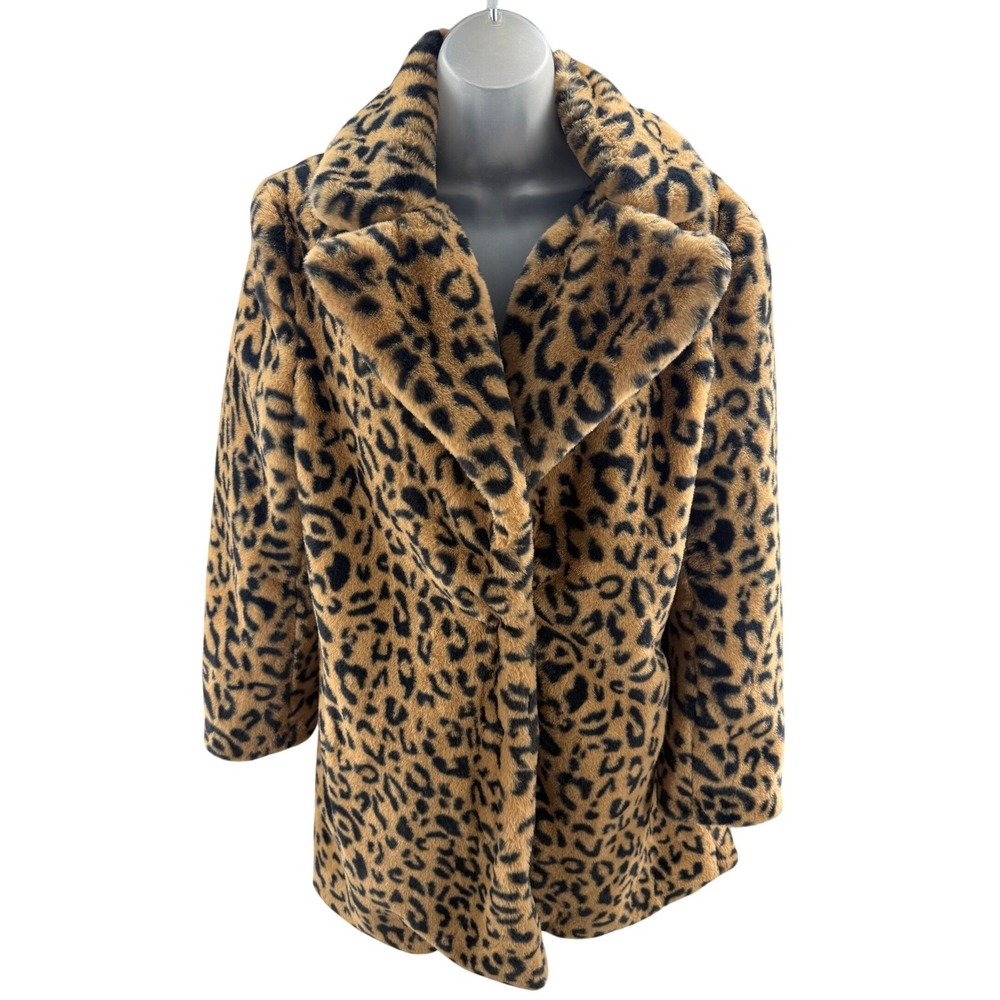 Gianni Bini Leopard Print Faux Fur Witer Coat Eye Hook Women Small